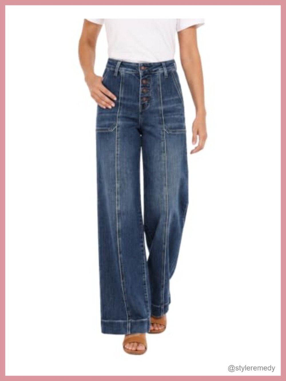 High Waisted Wide Leg Stretch Denim Jeans Angled Pockets